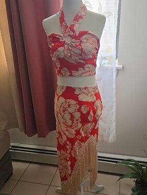 Rachel Zoe Red and Cream Floral Asymmetrical Fringe Midi Skirt
